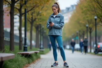 Femme en sport regardant son smartphone en ville
