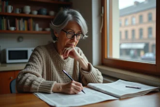 Femme réfléchissant à un puzzle croisé dans la cuisine