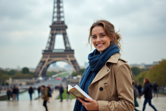 Jeune femme souriante près de la tour Eiffel à Paris