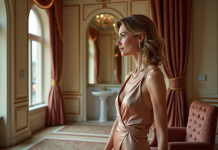 Prix chambre Palace : quel tarif pour une nuit au luxe ? Femme élégante en robe de soie dans une suite de luxe