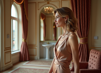 Prix chambre Palace : quel tarif pour une nuit au luxe ? Femme élégante en robe de soie dans une suite de luxe