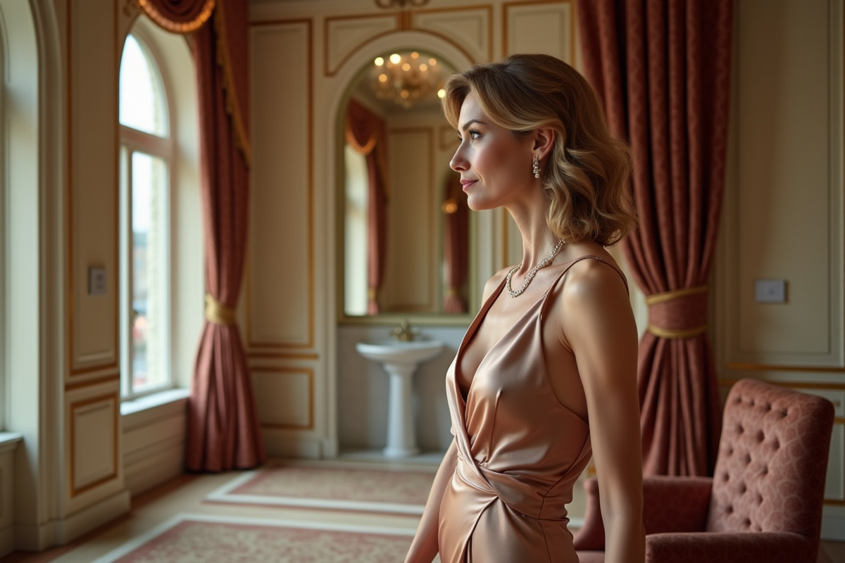 Femme élégante en robe de soie dans une suite de luxe