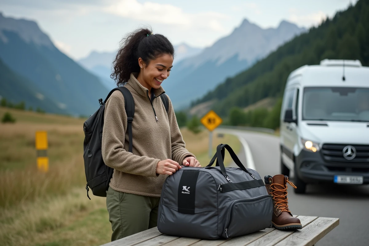 Femme préparant ses affaires pour une randonnée en plein air