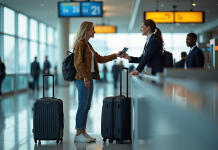 Femme à l'aéroport remettant son passeport à l'agent