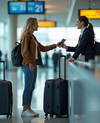 Femme à l'aéroport remettant son passeport à l'agent