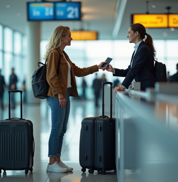 Femme à l'aéroport remettant son passeport à l'agent