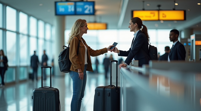 Femme à l'aéroport remettant son passeport à l'agent