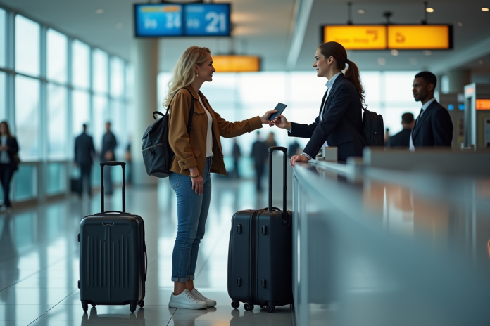 Femme à l'aéroport remettant son passeport à l'agent
