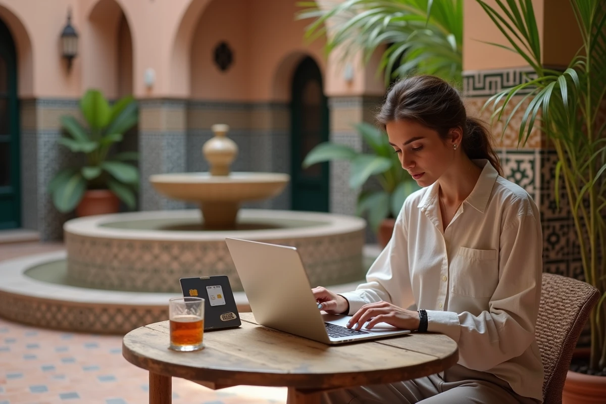 Femme expatriée travaillant sur son ordinateur portable dans un riad marocain avec une carte SIM locale posée sur la table