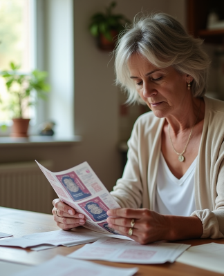 Femme française examine ses passeports à la maison
