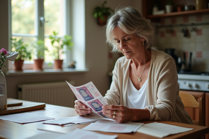 Femme française examine ses passeports à la maison