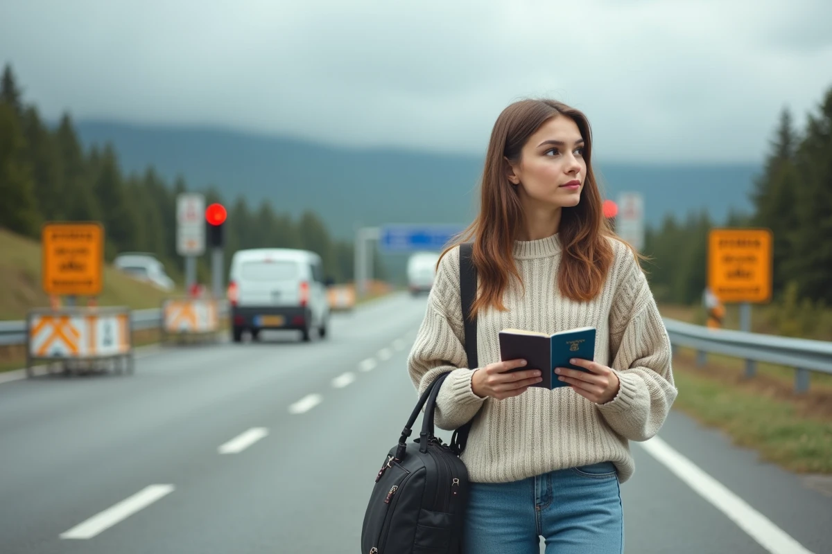 Jeune femme au poste frontière avec passeport et sac