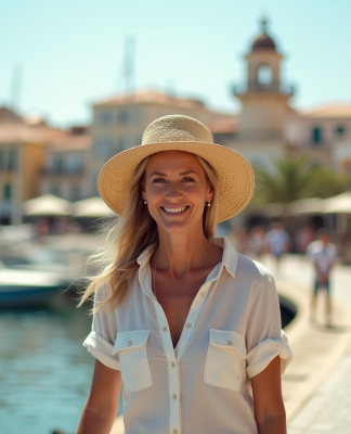 Femme grecque souriante à Chania avec phare vénitien