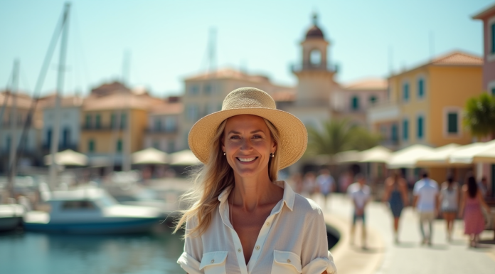 Femme grecque souriante à Chania avec phare vénitien