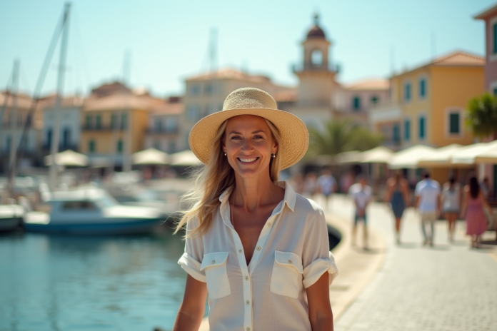 femme-grecque-chania-lighthouse Femme grecque souriante à Chania avec phare vénitien