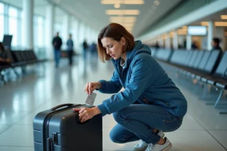 Femme inquiète examinant sa valise à l'aéroport