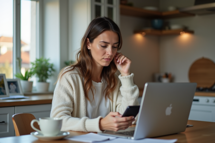 Femme regardant son billet d avion sur son ordinateur portable
