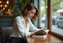 Noémie Femme lisant un livre dans un café lumineux