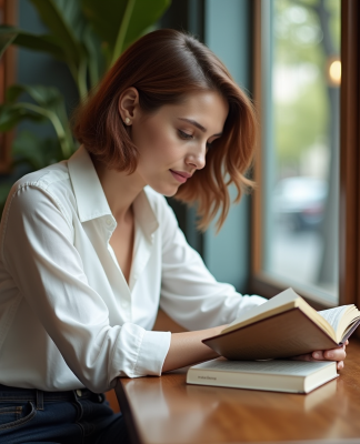 Femme lisant un livre dans un café lumineux