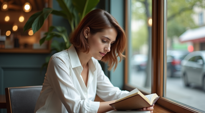 Femme lisant un livre dans un café lumineux