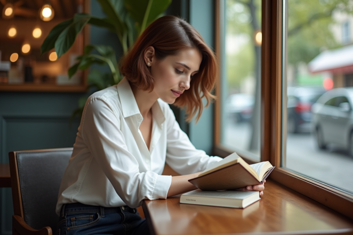 femme-livre-cafe Femme lisant un livre dans un café lumineux