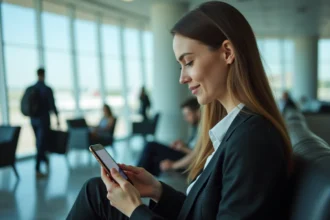 Jeune femme dans un lounge aéroport avec smartphone
