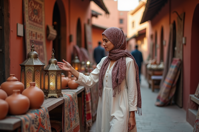 Jeune femme en hijab dans les souks de Marrakech