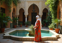 Femme marocaine en kaftan coloré dans un riad traditionnel