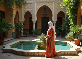 Signification du nom riad : origine, histoire et symbolique Femme marocaine en kaftan coloré dans un riad traditionnel
