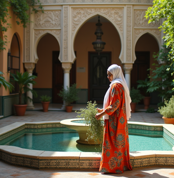 Signification du nom riad : origine, histoire et symbolique Femme marocaine en kaftan coloré dans un riad traditionnel