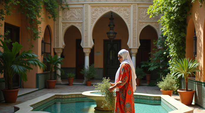 Femme marocaine en kaftan coloré dans un riad traditionnel