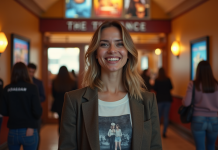 Film le mieux noté en 2025 : Découvrez les favoris du public Femme souriante devant un cinéma animé en ville