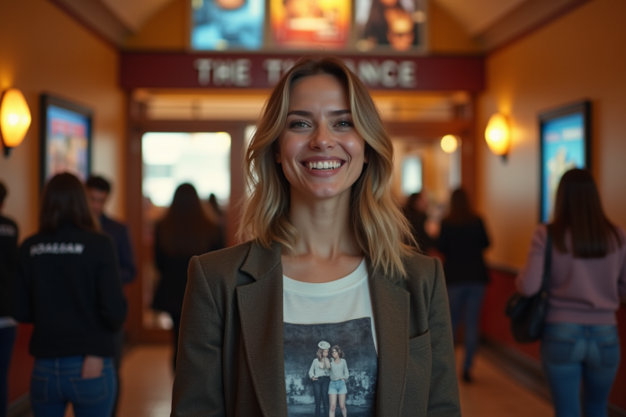 femme-movie-theater-souriante Femme souriante devant un cinéma animé en ville