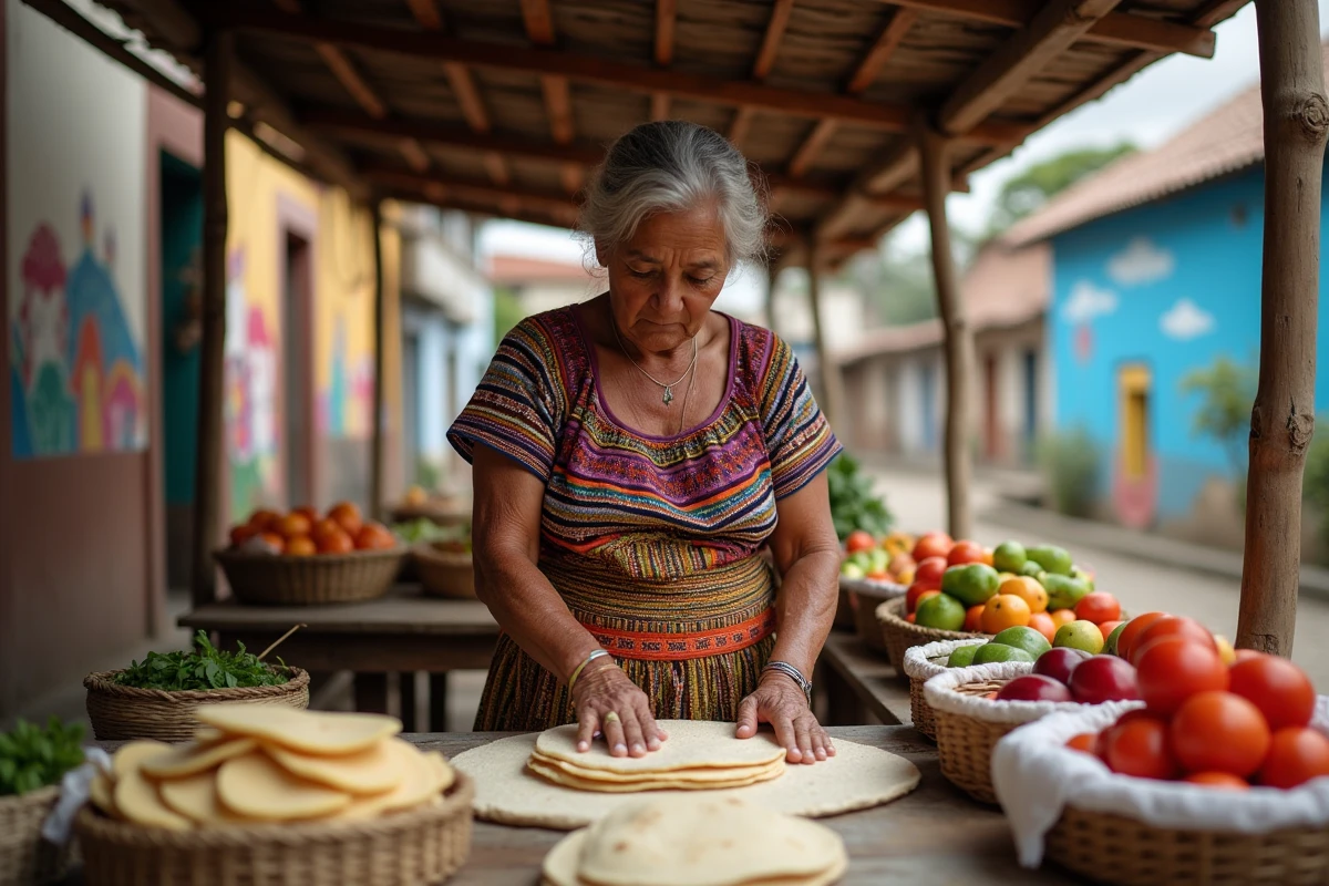 Femme âgée préparant des tortillas dans un marché de Managua