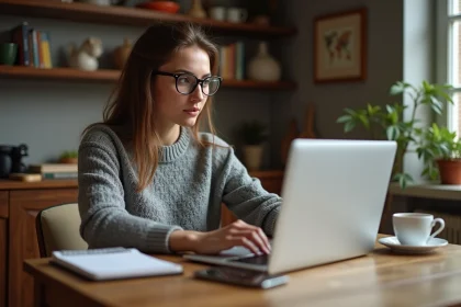 Jeune femme utilisant un ordinateur pour planifier un voyage