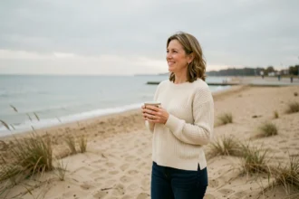 Femme en pull tricoté profitant d'une plage déserte en basse saison lors d'une escapade Iris Vacance