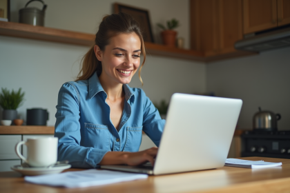 Femme souriante planifiant un voyage avec un ordinateur portable