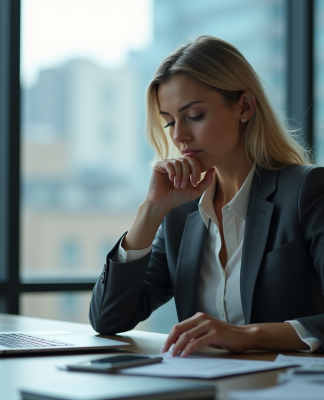 Femme d'âge moyen en tenue professionnelle regardant une tablette