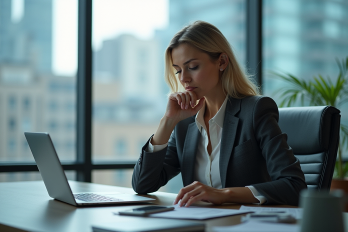 Femme d'âge moyen en tenue professionnelle regardant une tablette