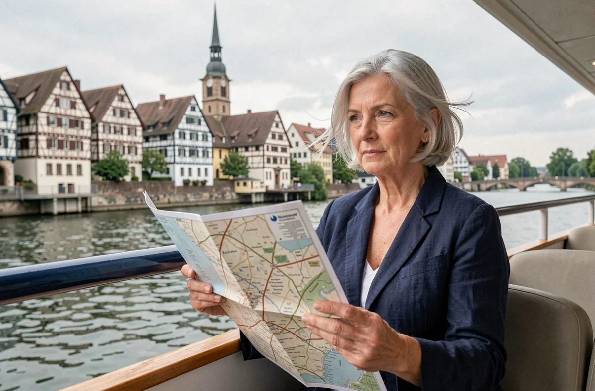 Femme mature contemplant l'arrivée dans une ville rhénane depuis la proue d'un bateau de croisière fluviale