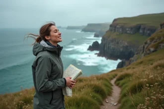 Femme en randonnée sur la côte sauvage de Finistere