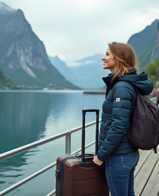 Femme souriante en randonnée près du fjord de Geiranger