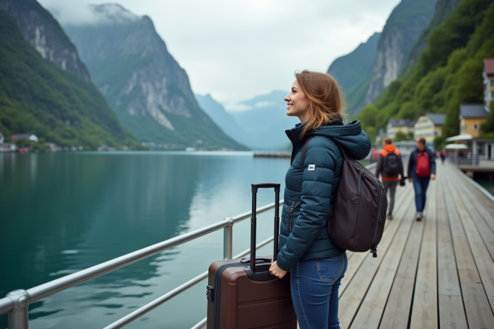 Femme souriante en randonnée près du fjord de Geiranger