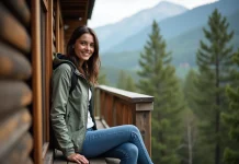 Jeune femme souriante sur la terrasse en forêt vosgienne