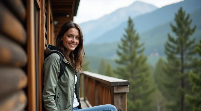 Jeune femme souriante sur la terrasse en forêt vosgienne