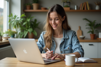 Jeune femme compare prix d'hôtels sur son ordinateur à la maison