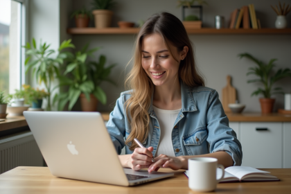 Jeune femme compare prix d'hôtels sur son ordinateur à la maison