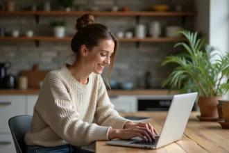 Femme en intérieur cherchant des offres de voyage sur son ordinateur