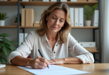 Femme d'âge moyen remplissant un formulaire de douane dans un bureau moderne