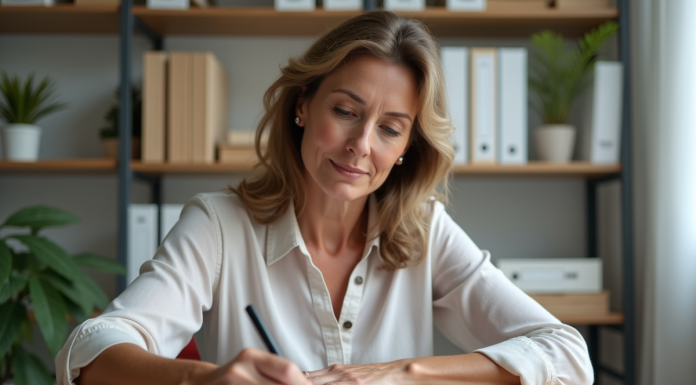 Femme d'âge moyen remplissant un formulaire de douane dans un bureau moderne